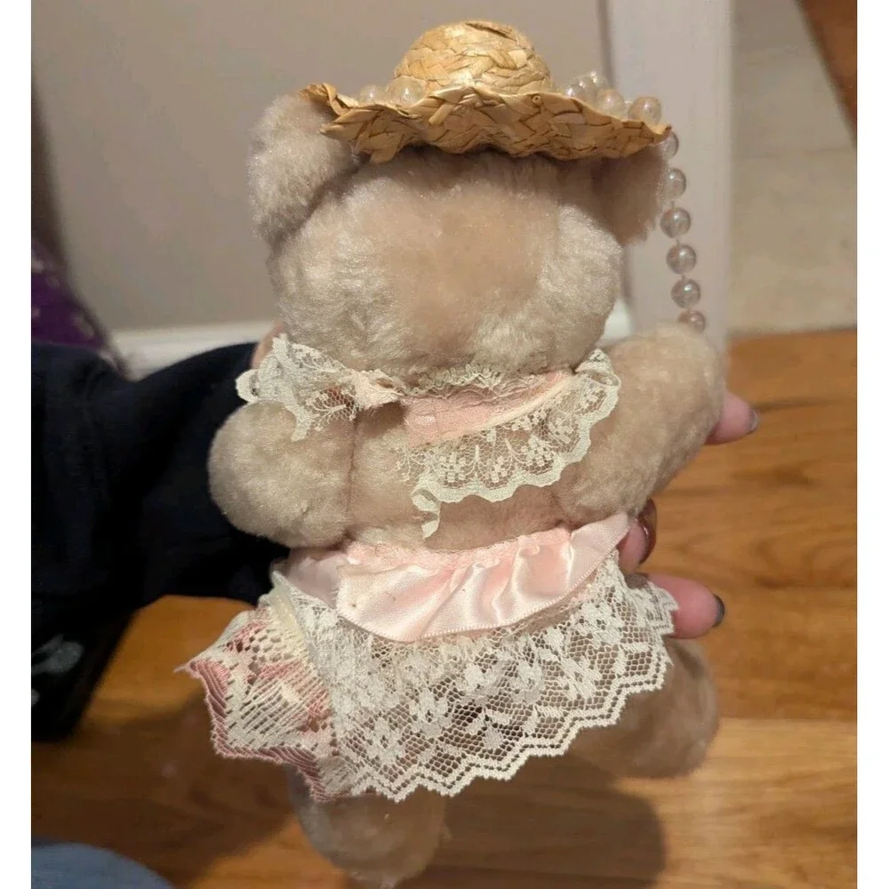 Vintage Plush Jointed Country Bear Straw Hat Lace Pearls 9